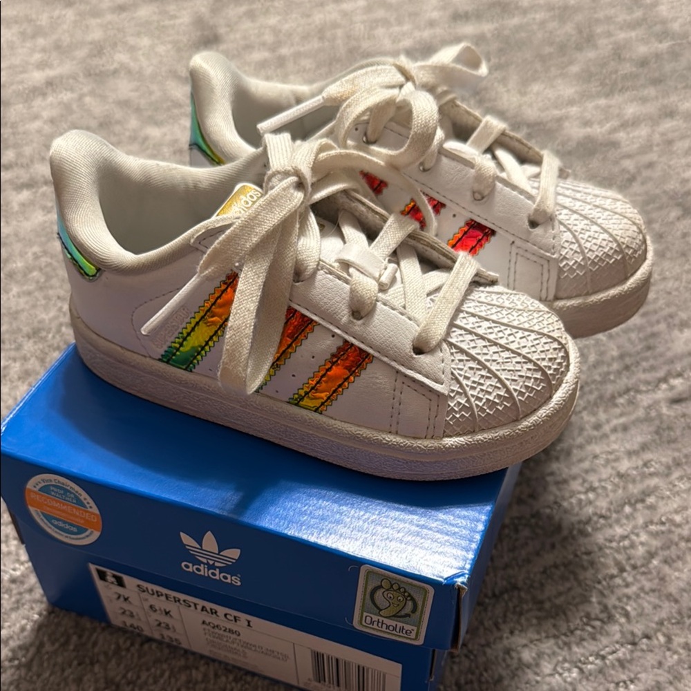 Adidas Kids Superstar White Sneakers with Colorful Stripes